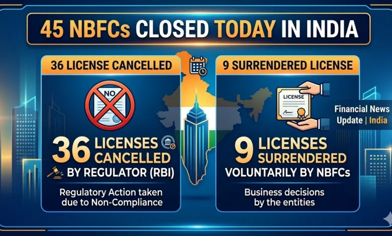 45 NBFCs closed today in India: 36 License cancelled, 9 surrendered License