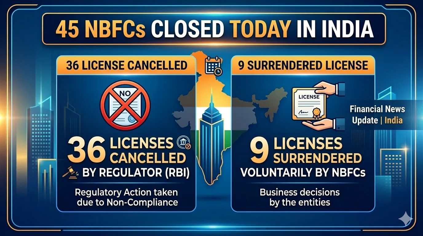 45 NBFCs closed today in India: 36 License cancelled, 9 surrendered License