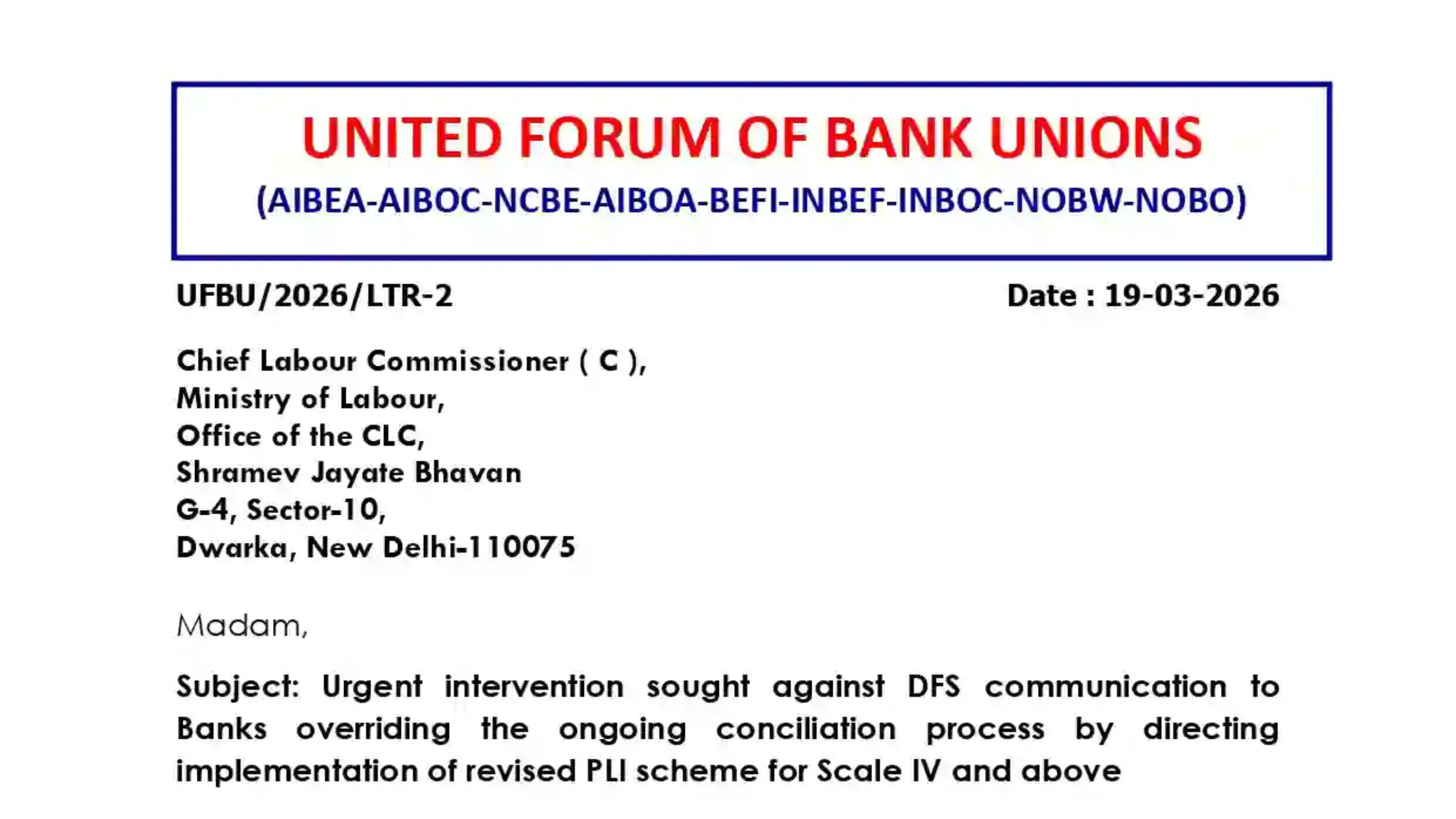 Stop PLI! UFBU writes Letter to CLC for urgent intervention