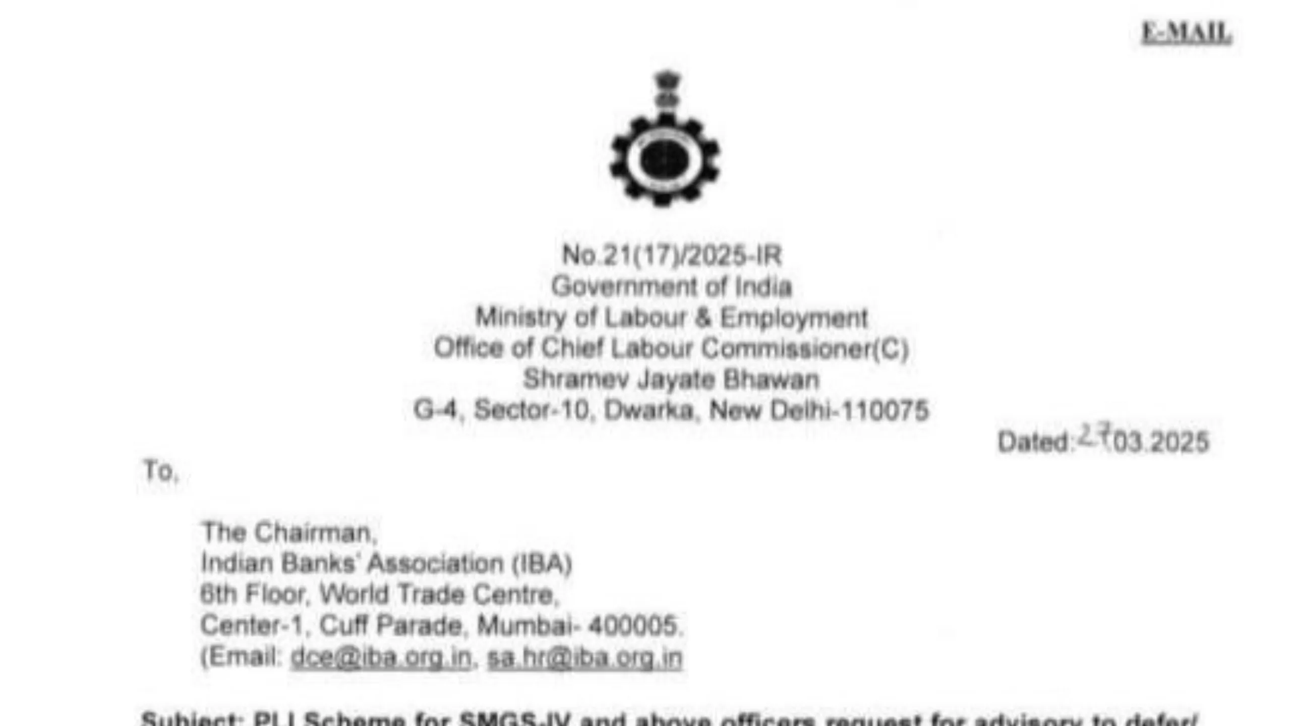 Chief Labour Commissioner orders Banks to defer PLI Payment to Senior Executives