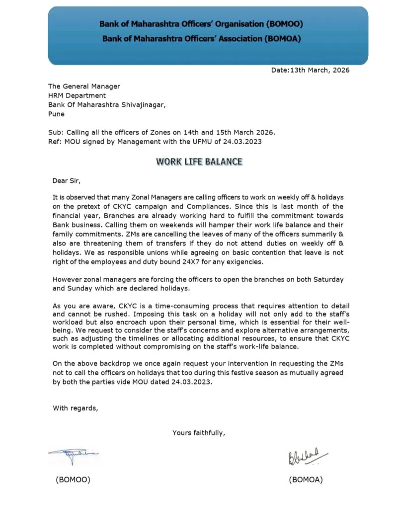 Letter from Bank of Maharashtra Unions raising concern over holiday working