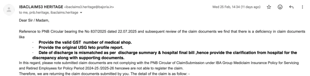 Screenshot of Rejection email of health insurance claim by Heritage TPA