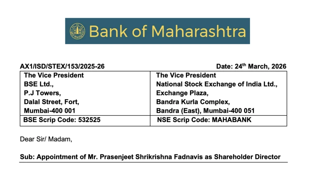 Bank of Maharashtra letter to stock exchanges