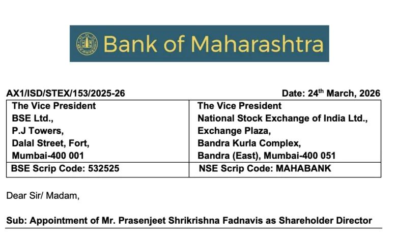 Bank of Maharashtra letter to stock exchanges