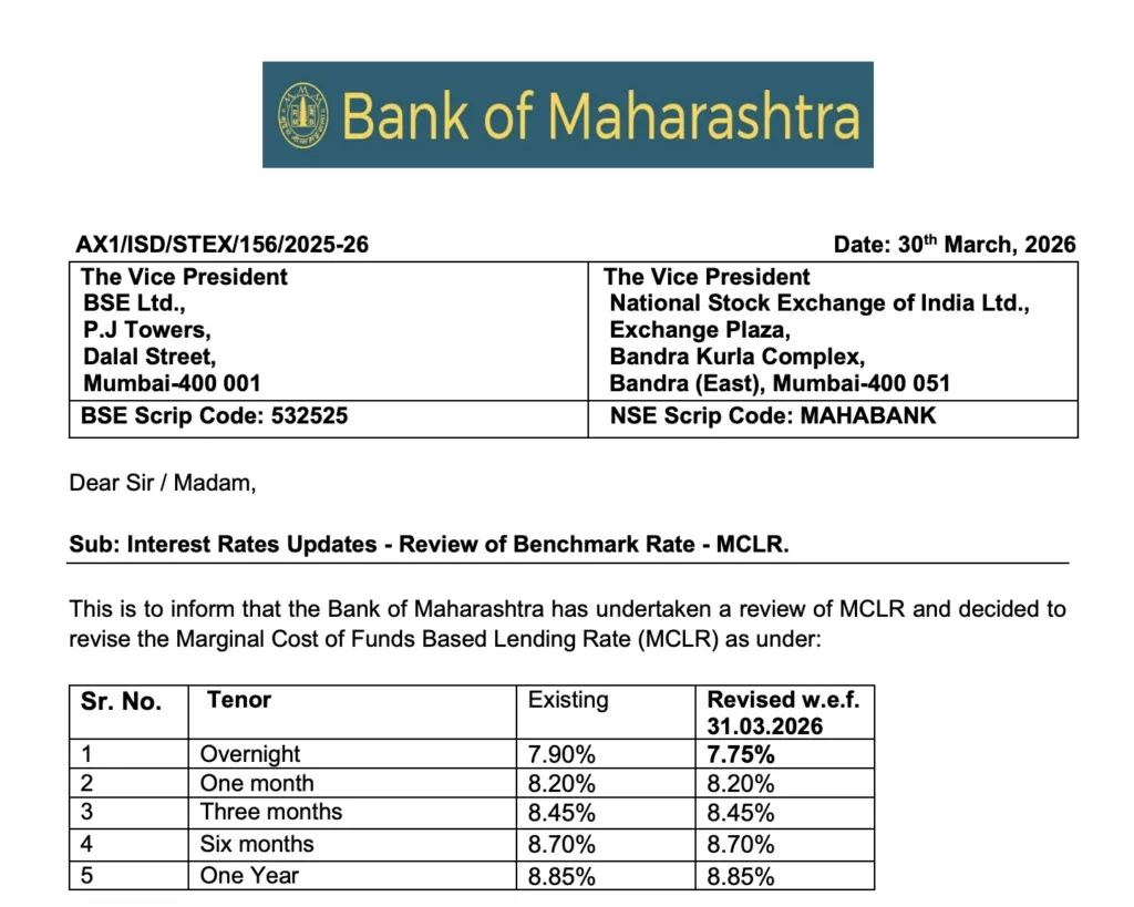 Logo of Bank of Maharashtra as on 30 March 2026 submitted to stock exchanges