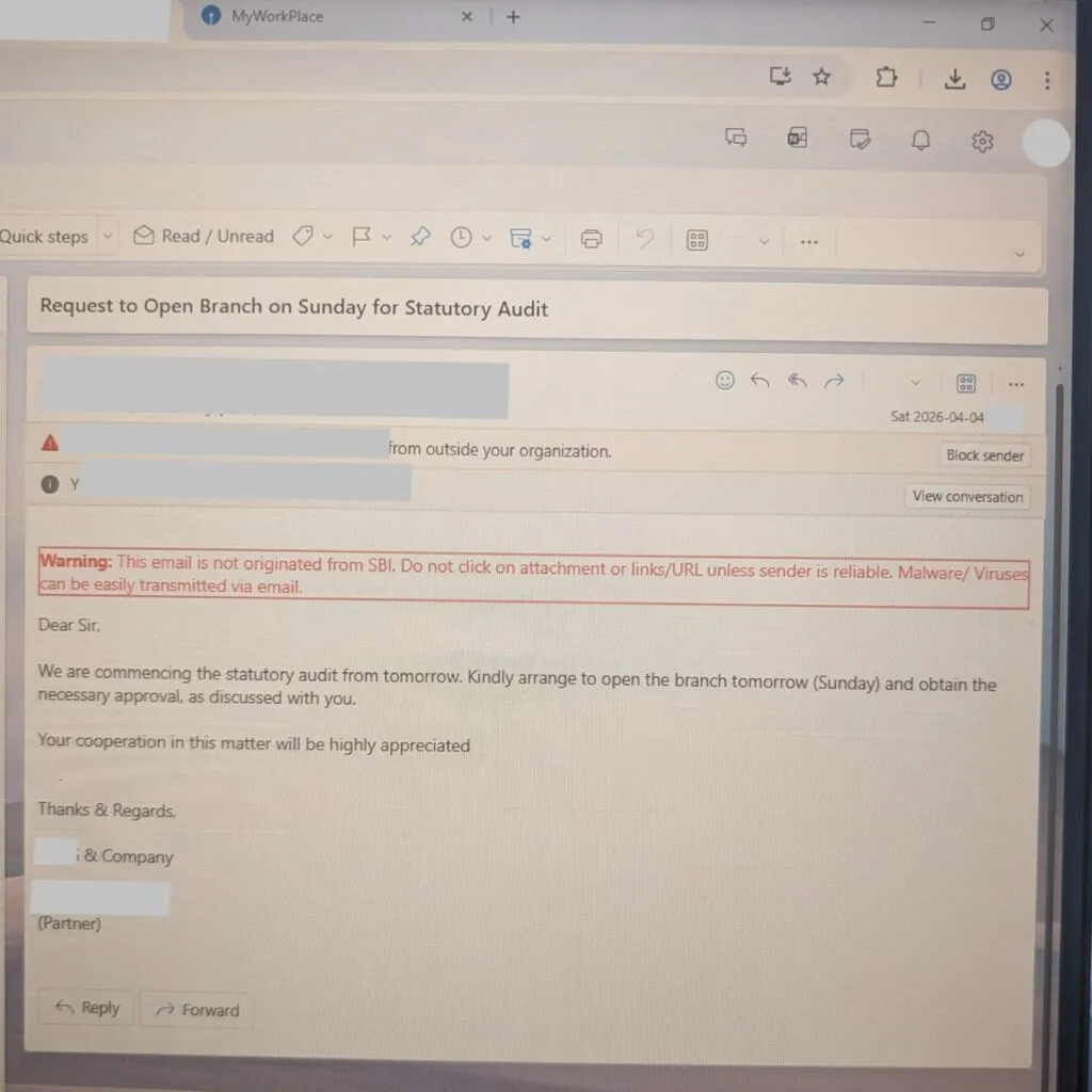 Auditor requests branch head to open branch on Sunday to complete audit