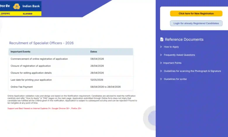 Indian Bank Specialist Officer (SO) Recruitment 2026 Notification Released for 350 Various Posts