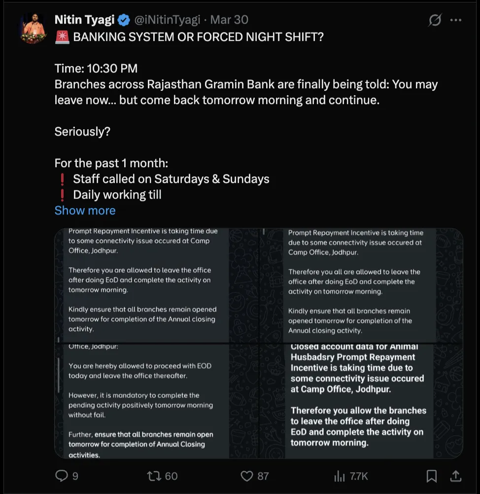 On 30 March, Nitin Tyagi posted on Twitter about late sitting in Rajasthan Gramin Bank