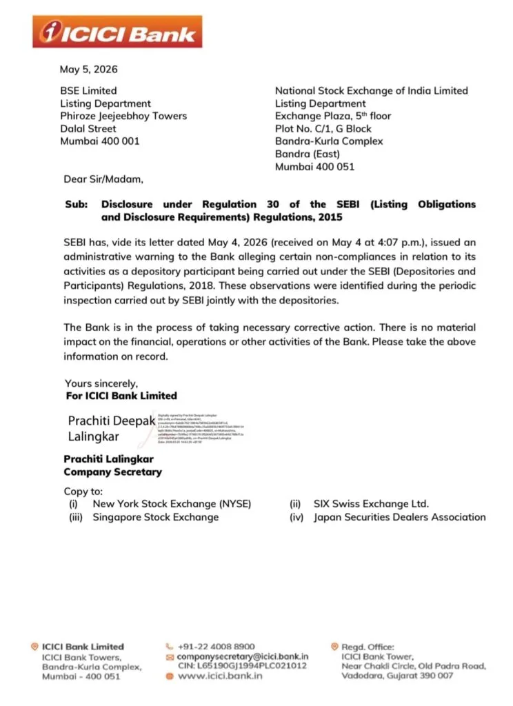 SEBI issues warning to ICICI Bank : Letter Copy
