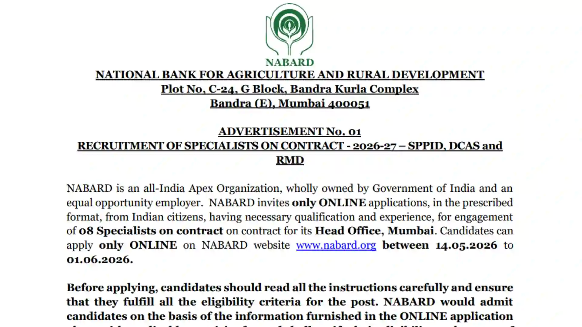 NABARD Specialist Recruitment 2026 Notification PDF Out
