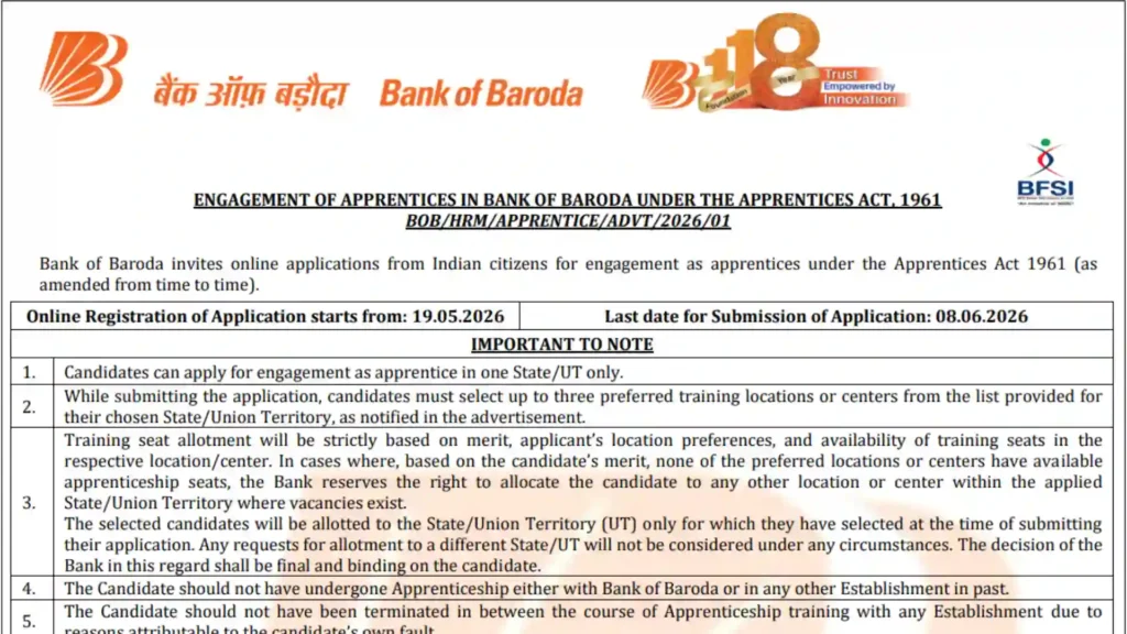 Bank of Baroda Apprentice Recruitment 2026 Notification PDF Out for 5000 Posts