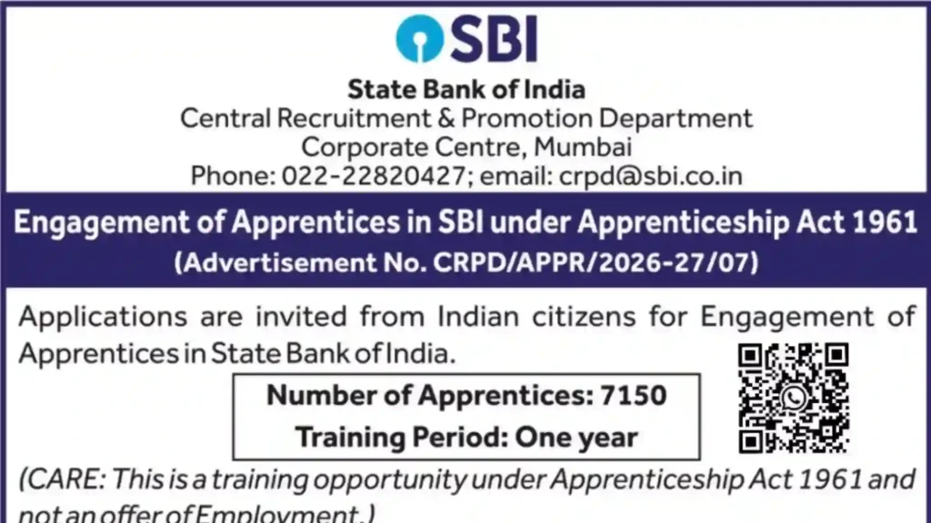 State Bank of India (SBI) Apprentice Recruitment 2026 Notification PDF Out for 7150 Posts