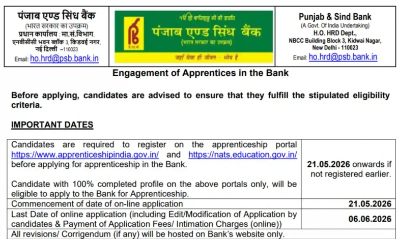 Punjab & Sind Bank Apprentice Recruitment 2026 Notification PDF Out for 635 Posts
