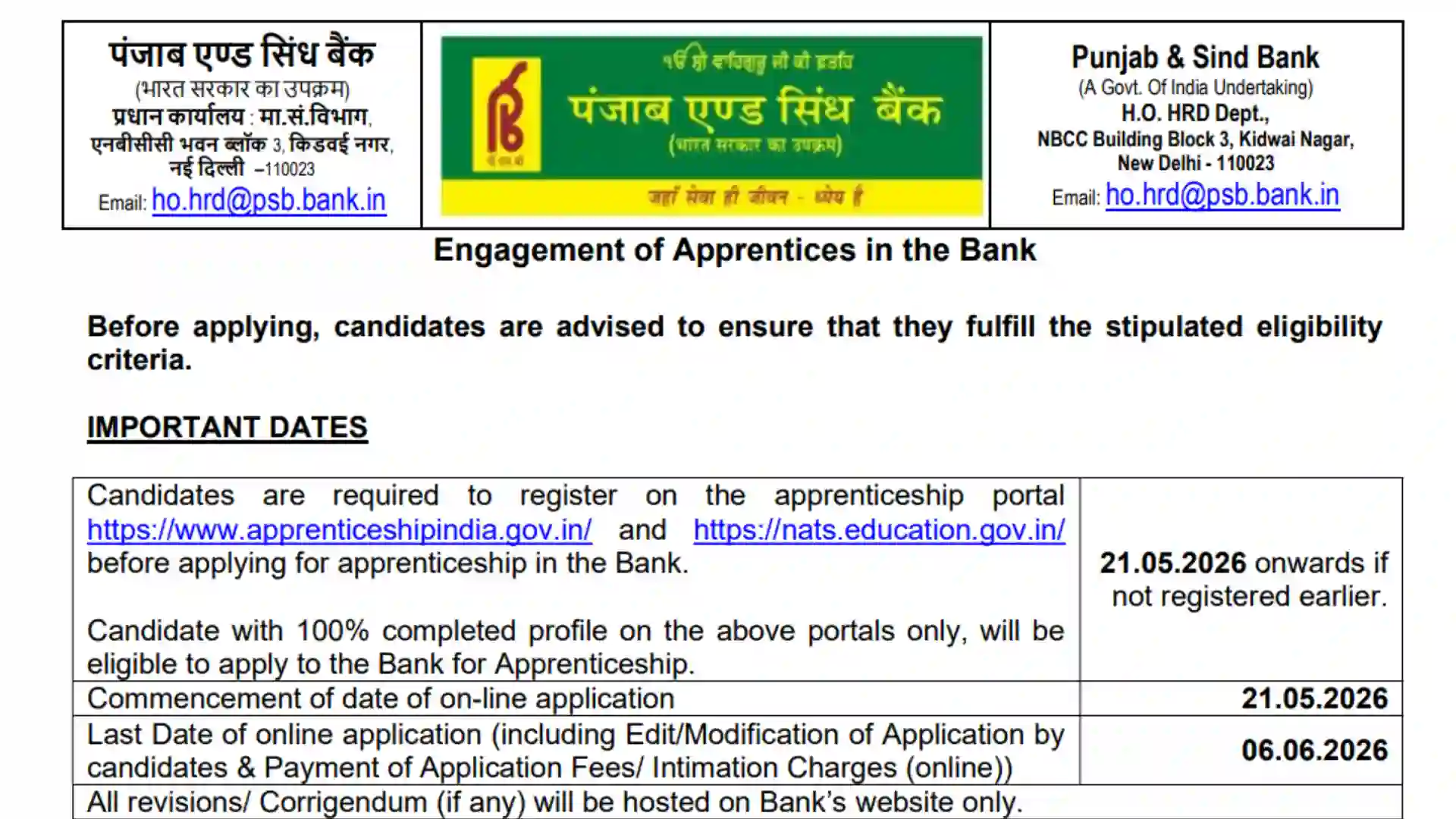 Punjab & Sind Bank Apprentice Recruitment 2026 Notification PDF Out for 635 Posts