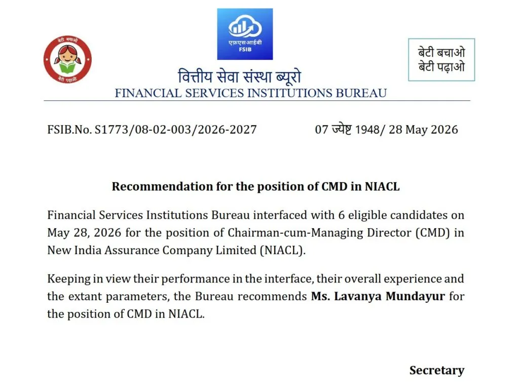 Ms. Lavanya Mundayur recommended for post of CMD in NIACL
