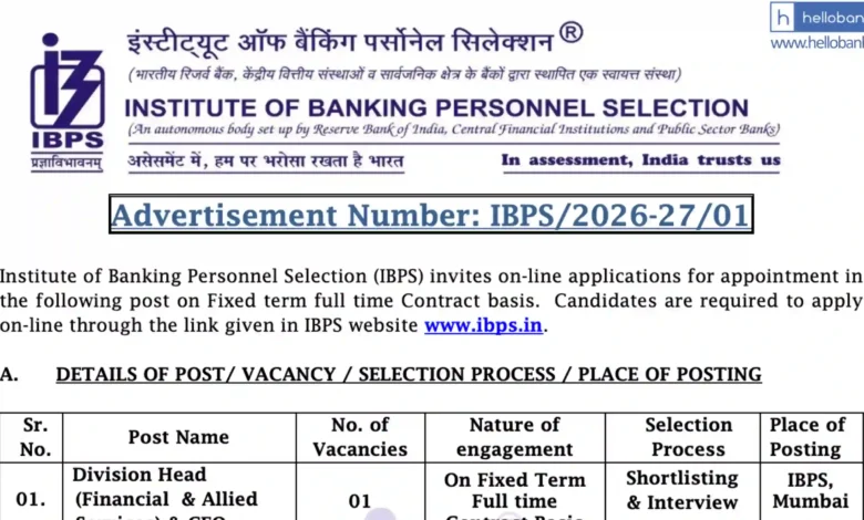 IBPS vacancy released for post of Division Head (Financial & Allied Services) & CFO