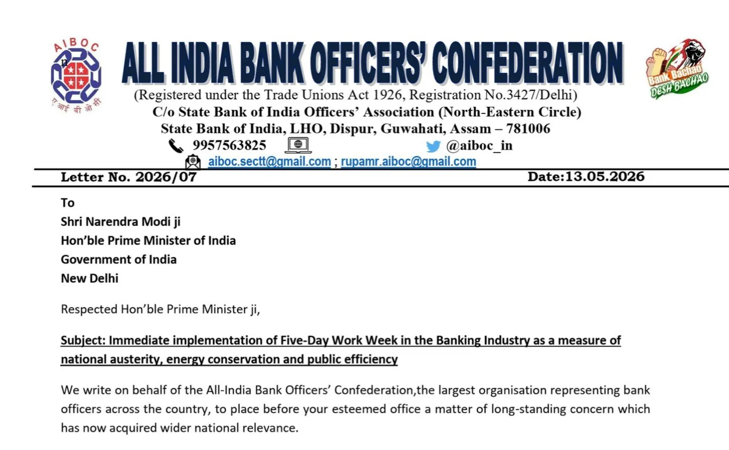 AIBOC writes letter to PM demanding implementation of 5 Day Banking