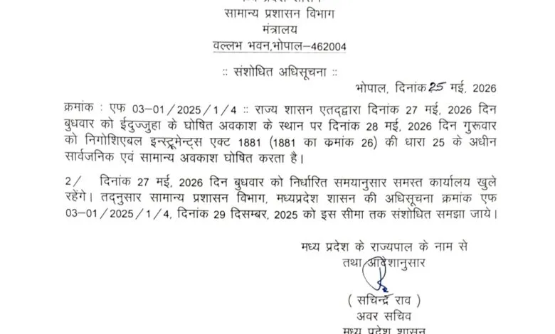 Madhya Pradesh declares Holiday on 28 May
