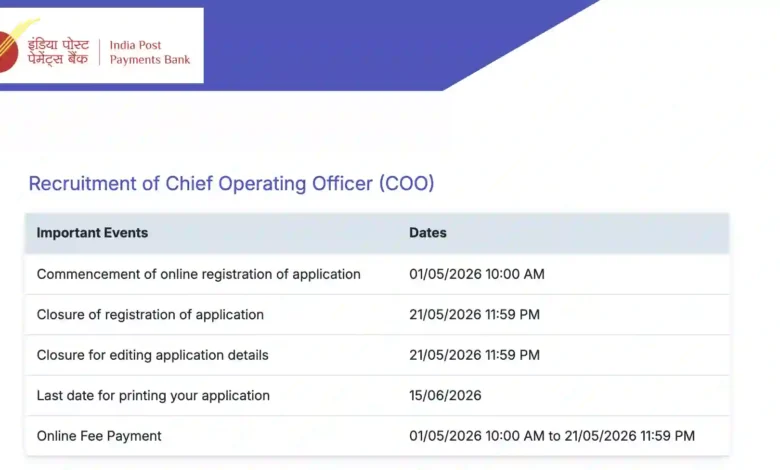 India Post Payments Bank (IPPB) invites application for post of Chief Operating Officer (COO)