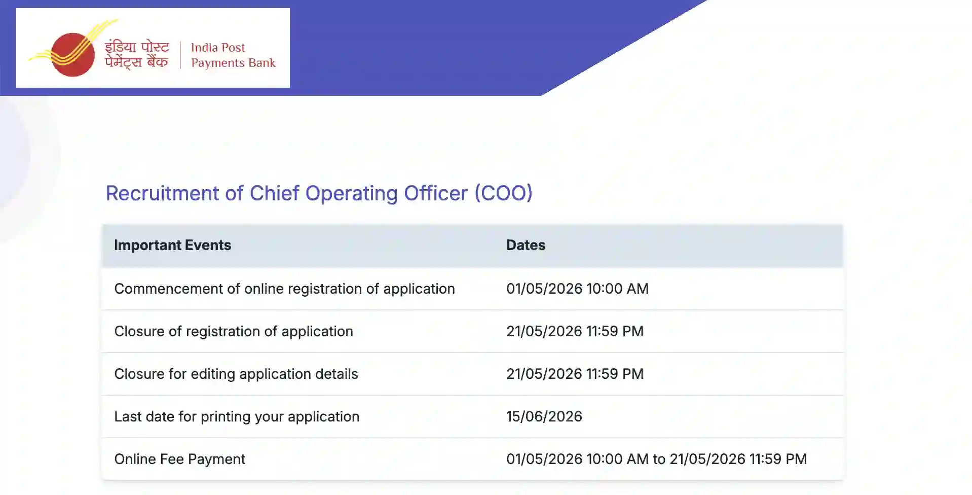 India Post Payments Bank (IPPB) invites applications for post of Chief Operating Officer (COO)