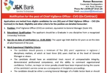 J&K Bank invites application for the post of CVO