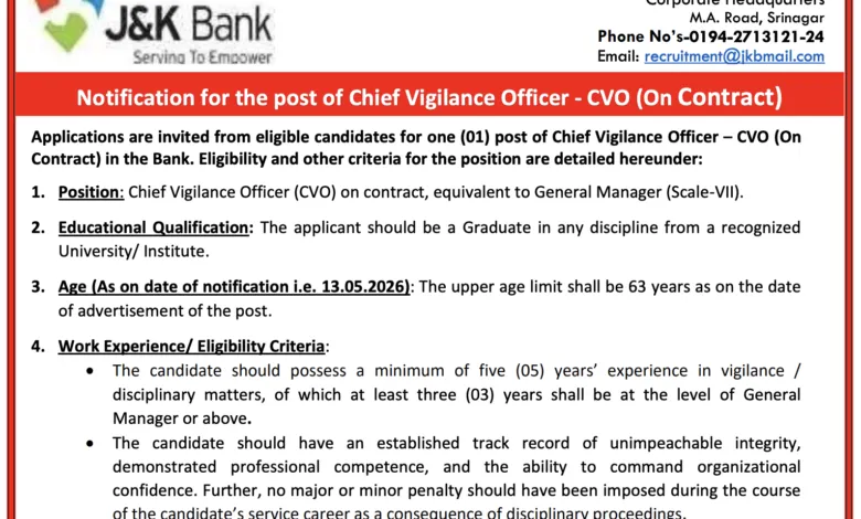 J&K Bank invites application for the post of CVO