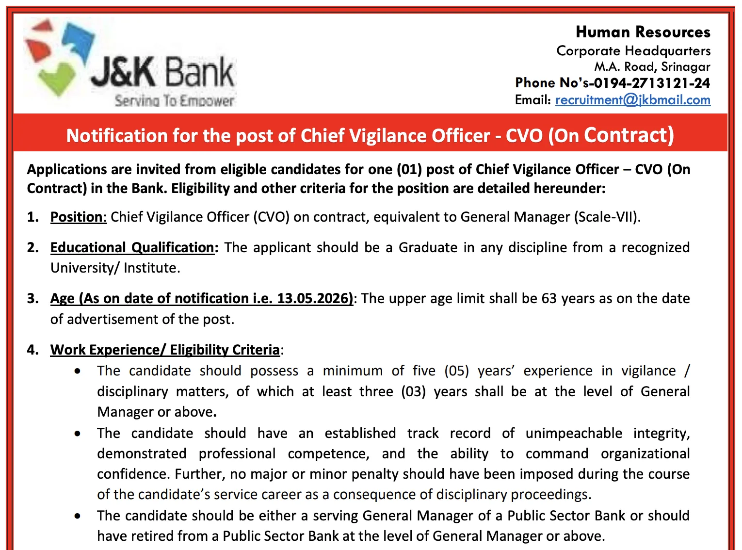 J&K Bank invites application for the post of CVO, CTC Rs. 57 Lakh