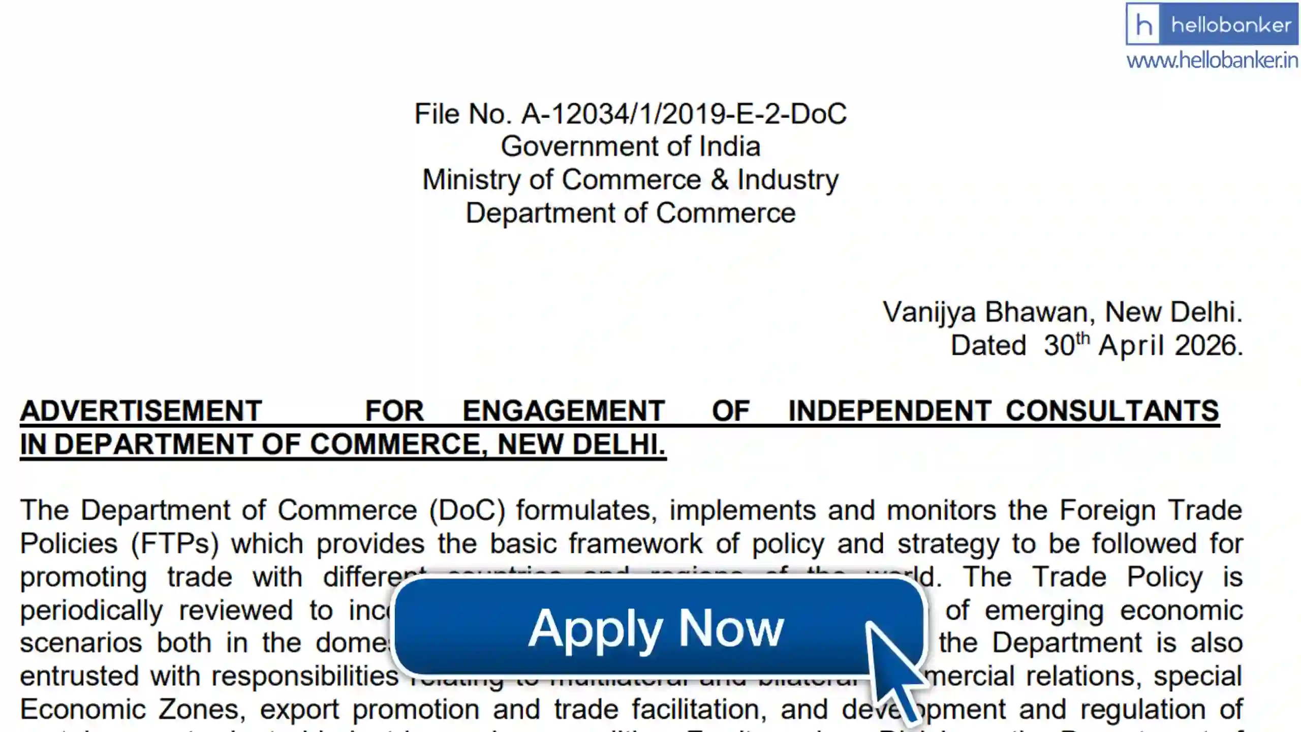 Ministry of Commerce invites application for post of Independent Consultants