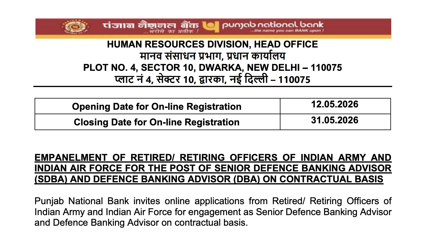 PNB Recruitment 2026 Notification Released for Defence Banking Advisor Posts