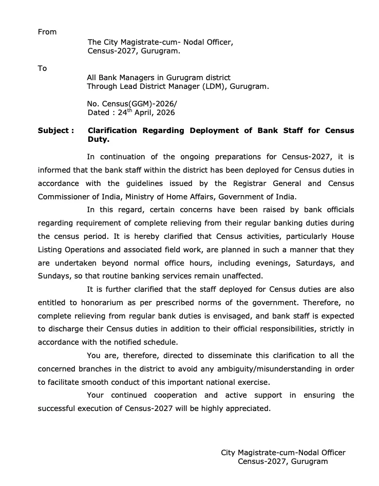 Gurugram city magistrate orders bank staff to do census duty after office hours