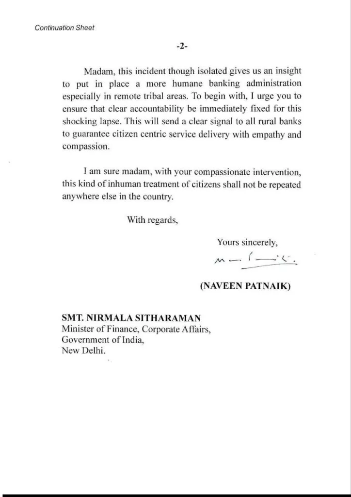 Naveen Patnaik writes a letter to Union Finance Minister Smt. Nirmala Sitharaman