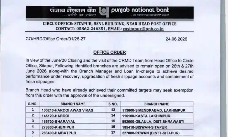 PNB orders Branches to open on Holidays - 26 and 27 June