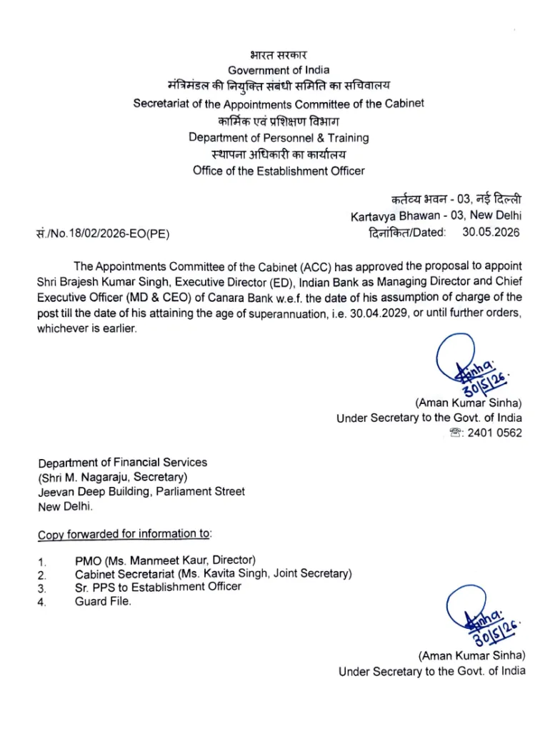 Shri Brajesh Kumar Singh appointed as MD&CEO of Canara Bank