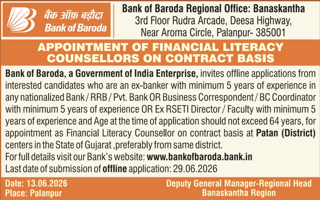 Bank of Baroda Vacancy released for FLC Counsellor