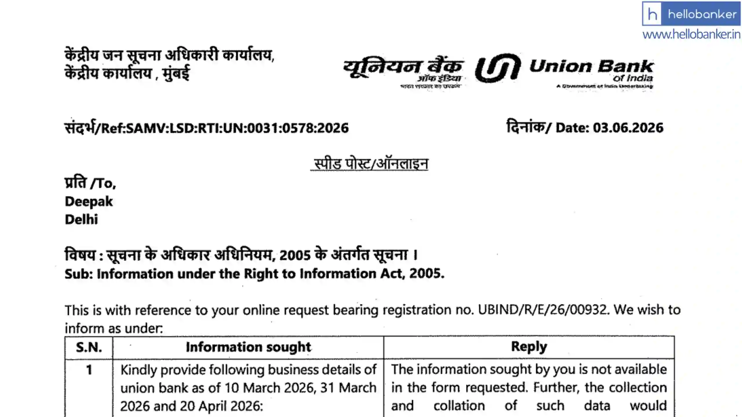 'We don't have this information': Union Bank denies Disclosing Business Details in RTI