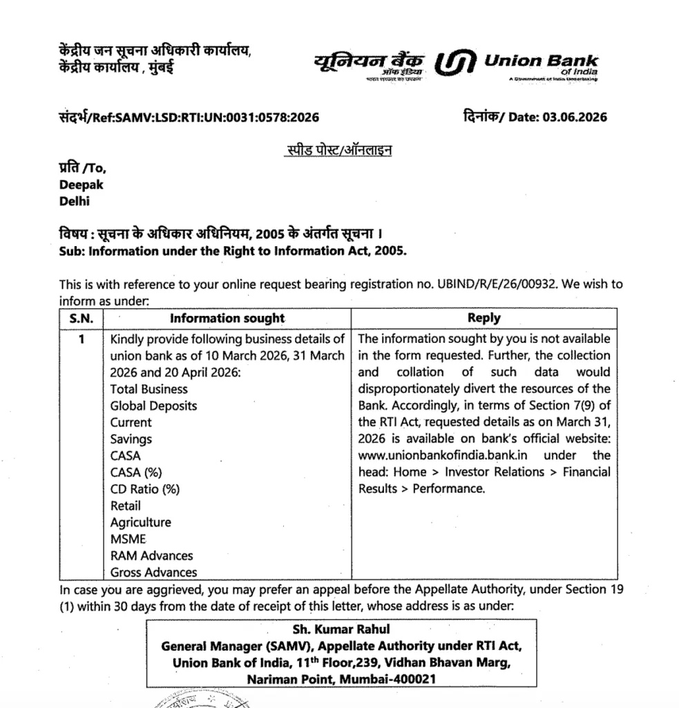 Union Bank denies Disclosing Business Details in RTI
