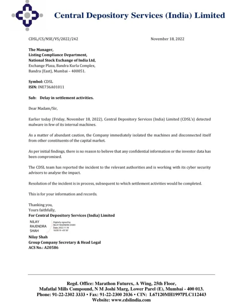 CDSL press release informing about malware attack