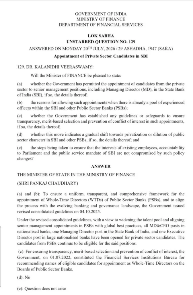 MD & CEO posts of all PSU Banks open to Private Sector: Govt reply in Lok Sabha