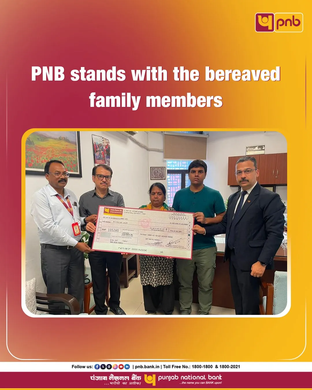PNB Hands Over Rs 50 Lakh Insurance Cheque to Family of Deceased Govt Employee