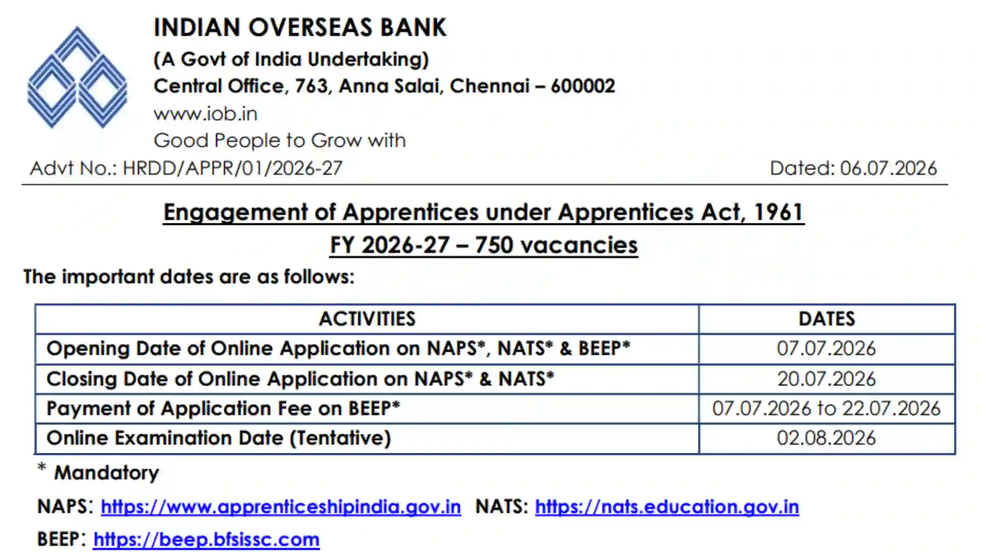 Indian Overseas Bank Apprentice Recruitment 2026 Notification PDF Out for 750 Posts