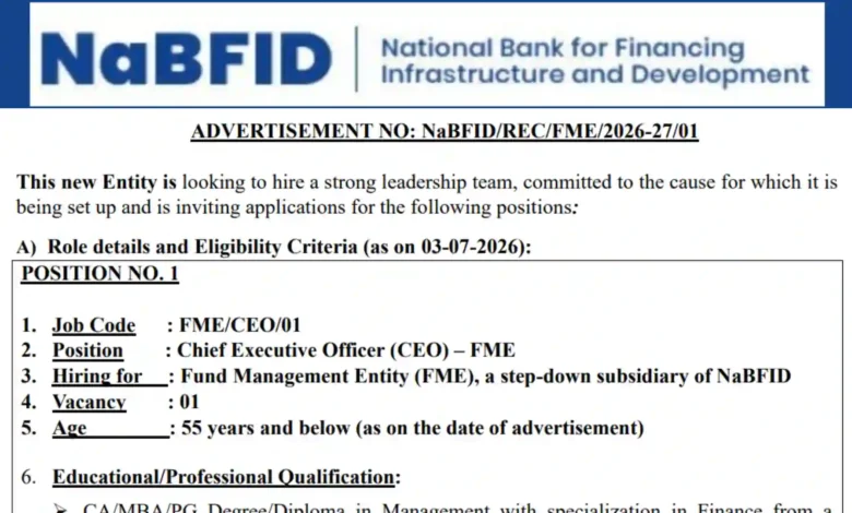 NaBFID Recruitment 2026 Notification PDF Out for Chief Investment Officer, Compliance Officer & Chief Executive Officer Posts