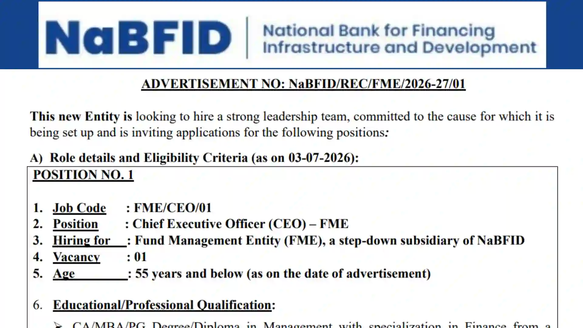 NaBFID Recruitment 2026 Notification PDF Out for Chief Investment Officer, Compliance Officer & Chief Executive Officer Posts