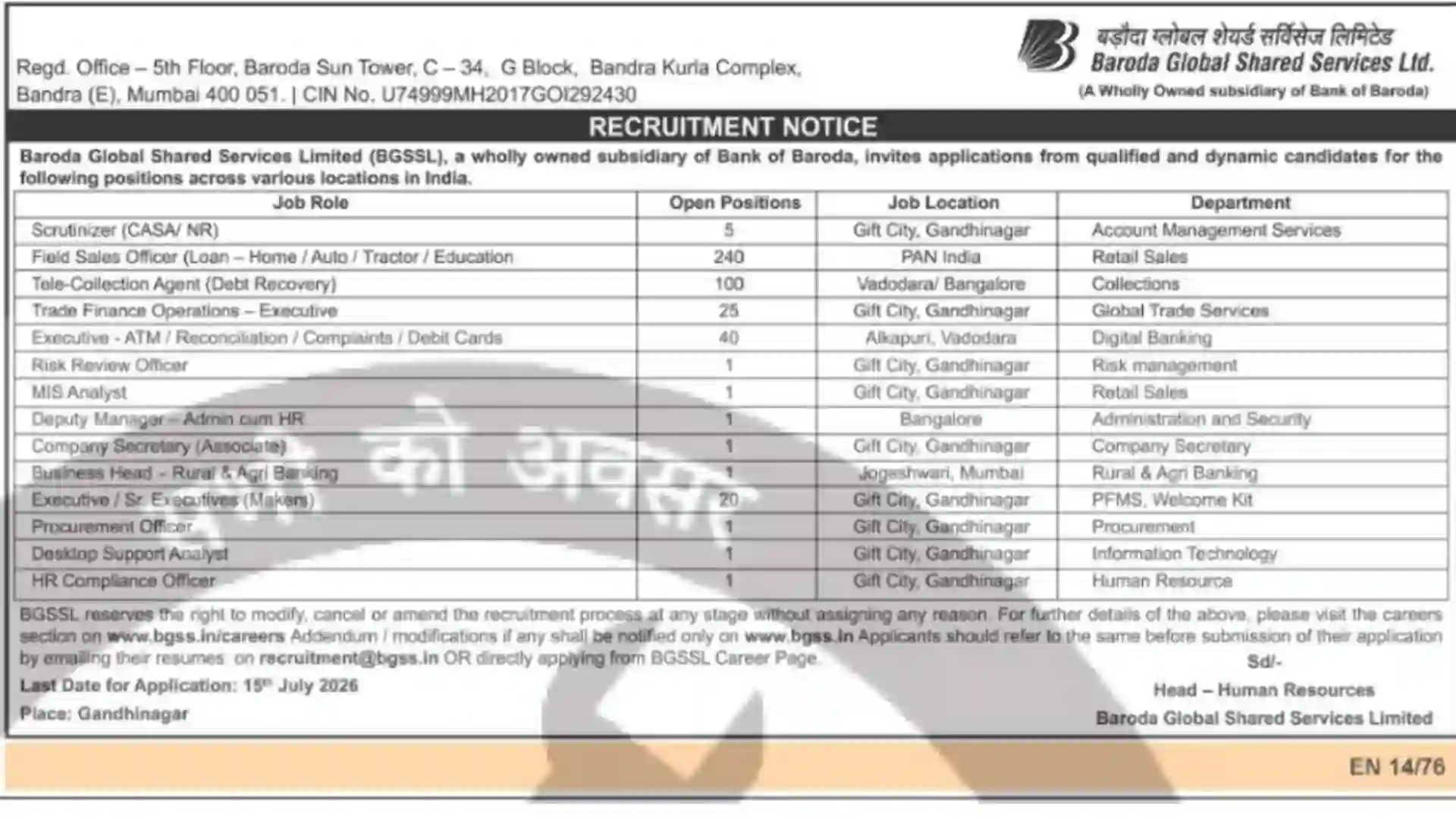 BGSSS (Bank of Baroda) Recruitment 2026 Notification PDF Out for 438 Posts