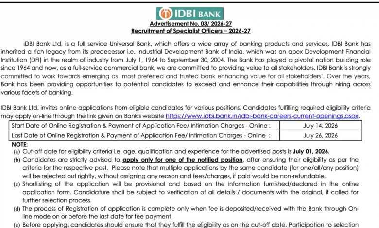 IDBI Bank SO Recruitment 2026 Notification Out for 31 Vacancies
