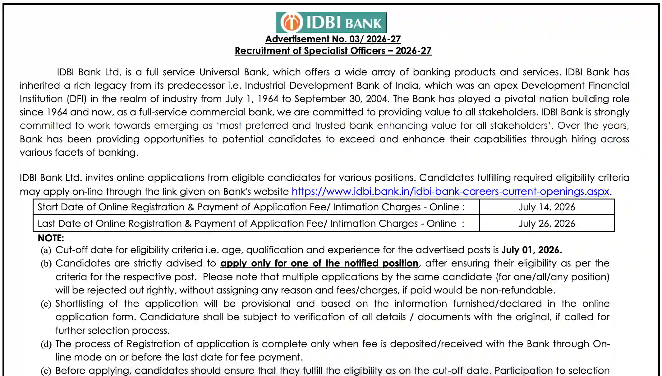 IDBI Bank SO Recruitment 2026 Notification Out for 31 Vacancies
