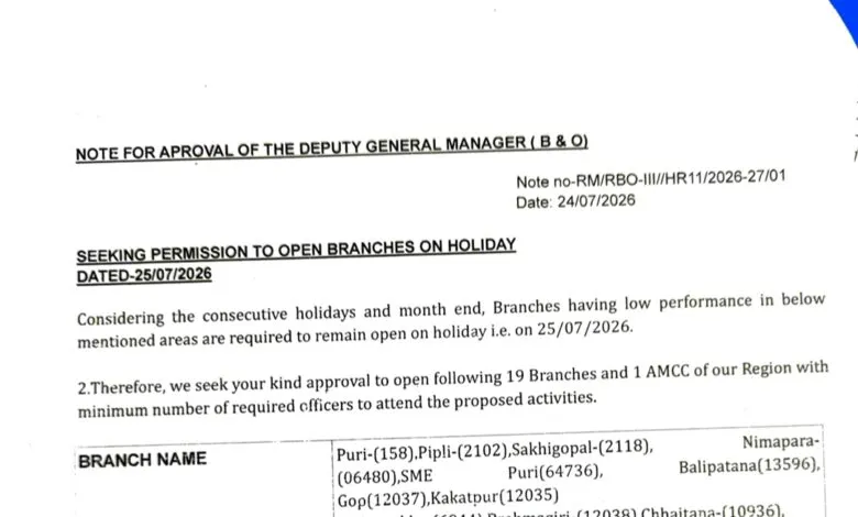 SBI orders to Open Branches in Puri Region on Holiday