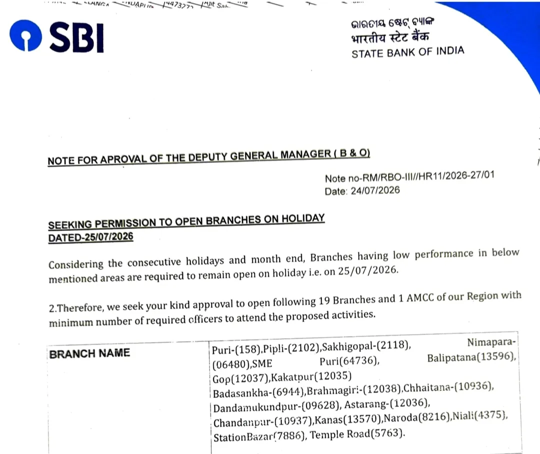 SBI orders to Open Branches in Puri Region on Holiday