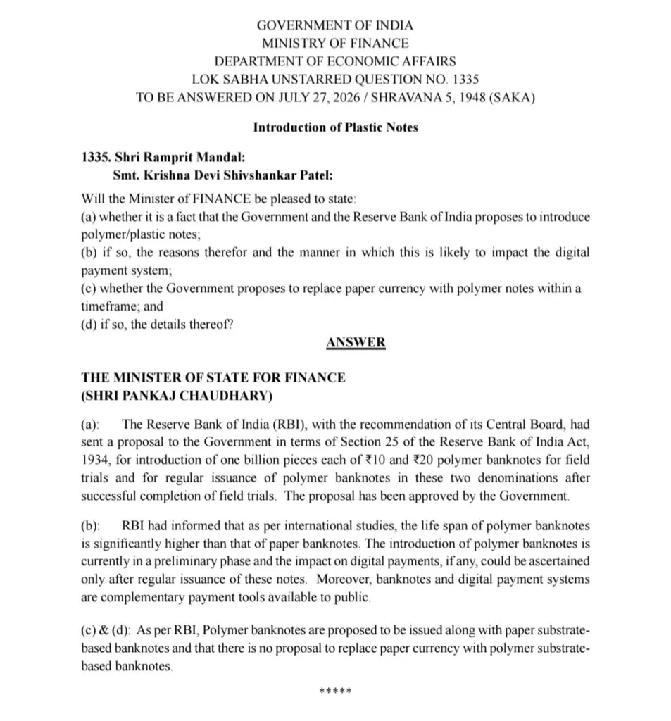 Govt approves proposal to introduce one billion polymer notes