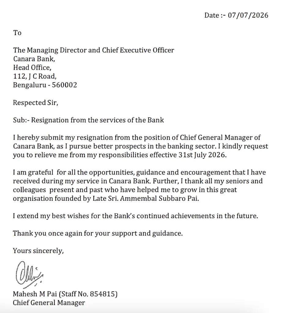 Resignation letter of Shri Mahesh M Pai