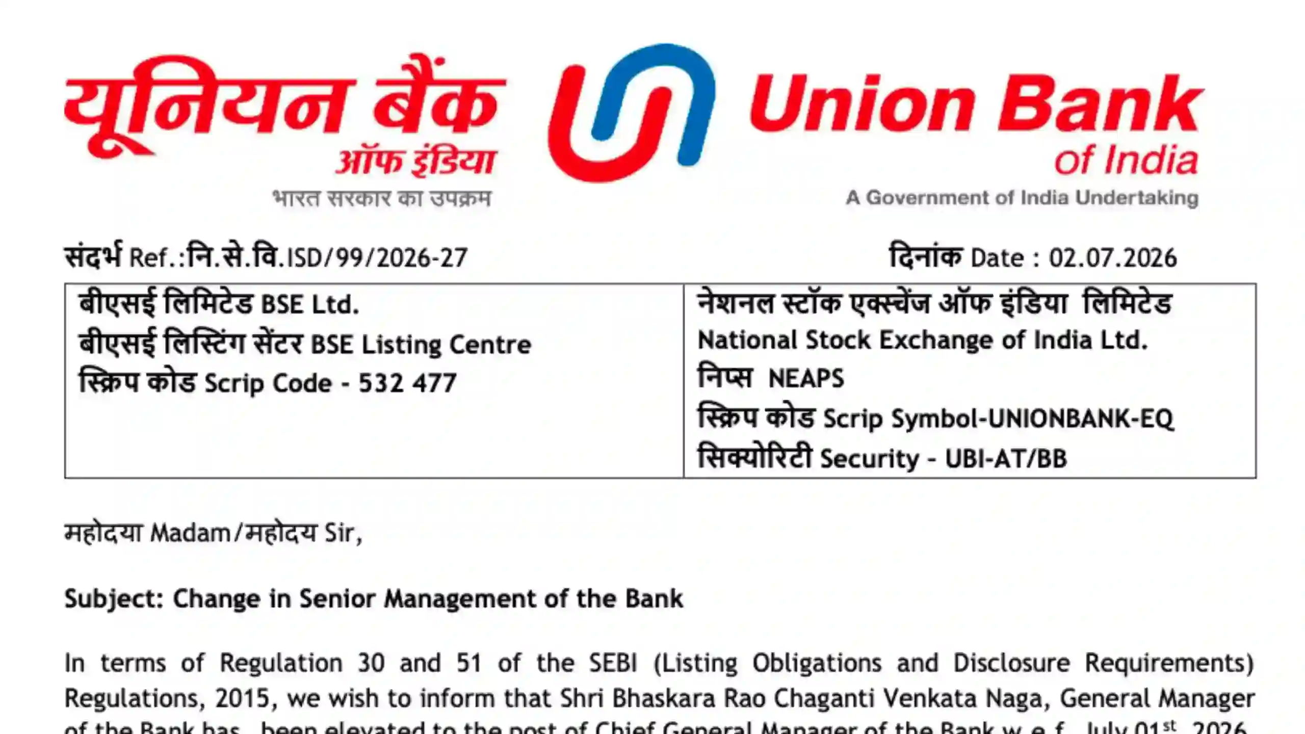 Union Bank of India Promotes Bhaskara Rao Chaganti Venkata Naga as Chief General Manager